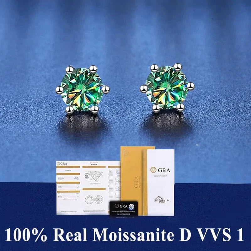 The Carat Cave 6 Prong Green / 1ct(6.5mm)x 2pcs-box Lab grown Diamond stud earrings with certificate