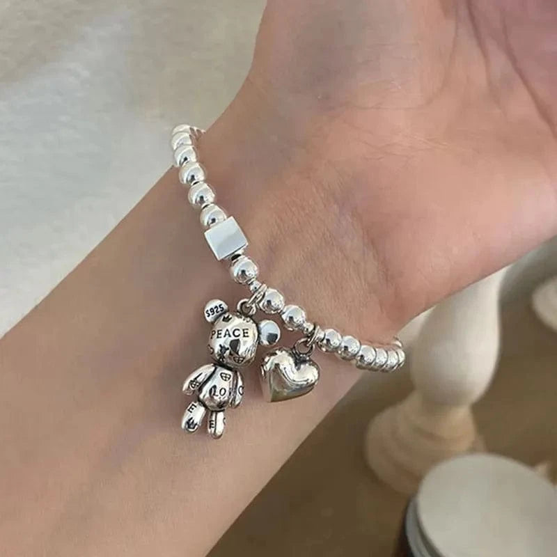 The Carat Cave 925 Silver Beaded Bear Charm Bracelet