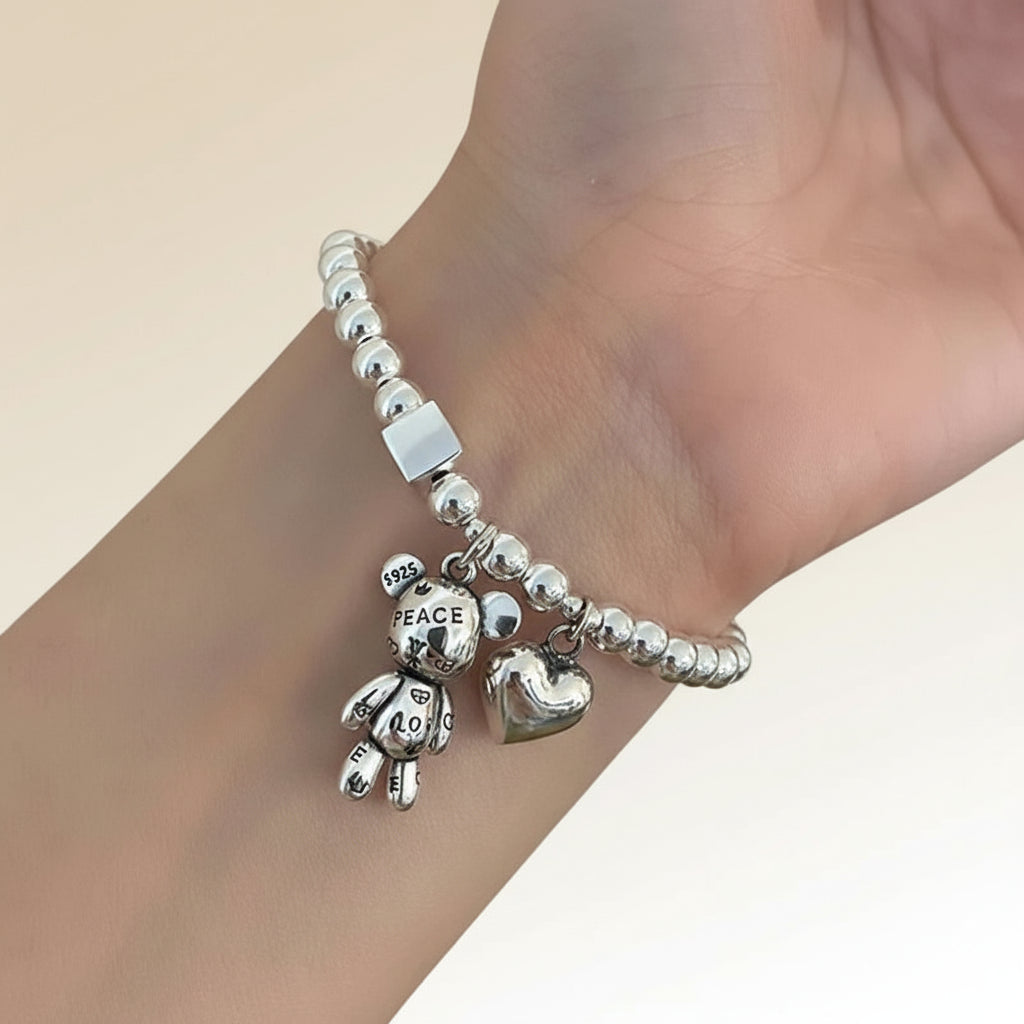The Carat Cave 925 Silver Beaded Bear Charm Bracelet