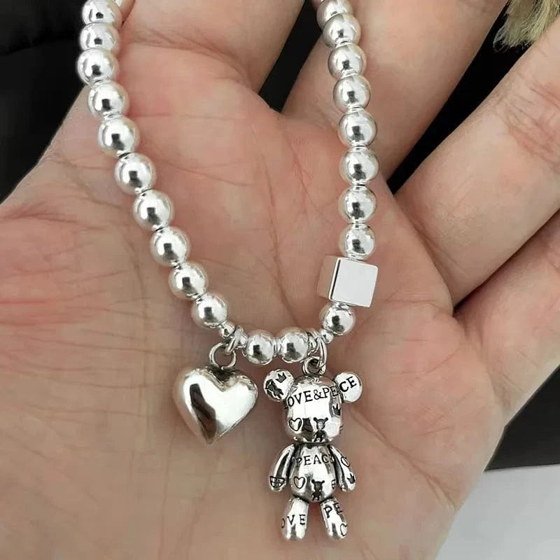 The Carat Cave 925 Silver Beaded Bear Charm Bracelet