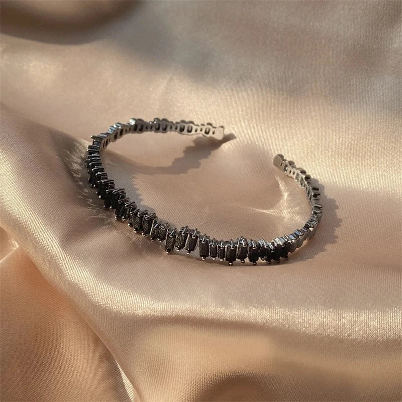 The Carat Cave Black Baguette CZ Open Cuff Bangle – Platinum Plated
