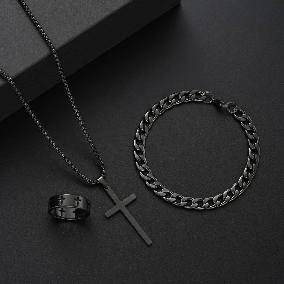 The Carat Cave black Stainless Steel Cross Necklace Bracelet Rings mens set