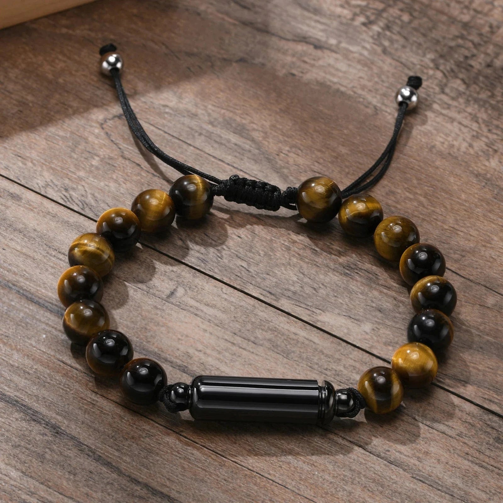 The Carat Cave BR-994B-3 Vnox Men's Casual Lava Stone Beads Urn Bracelets for Ashes, Hollow Tube Cremation Keepsake Memorial Jewelry,Length Adjustable