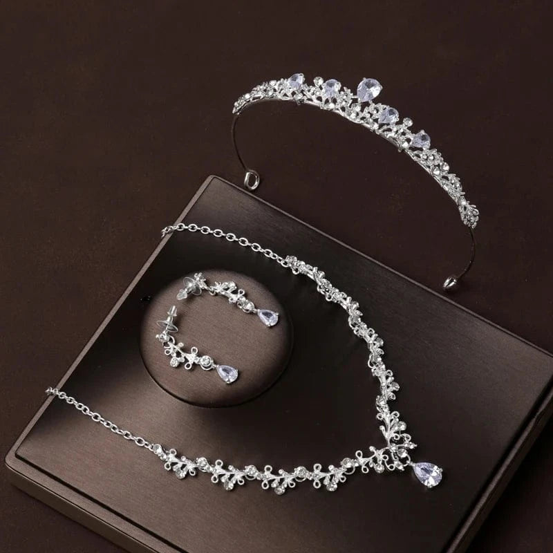 The Carat Cave Frosted Petal Set Bridal Tiara & Jewellery Set – 4 Piece