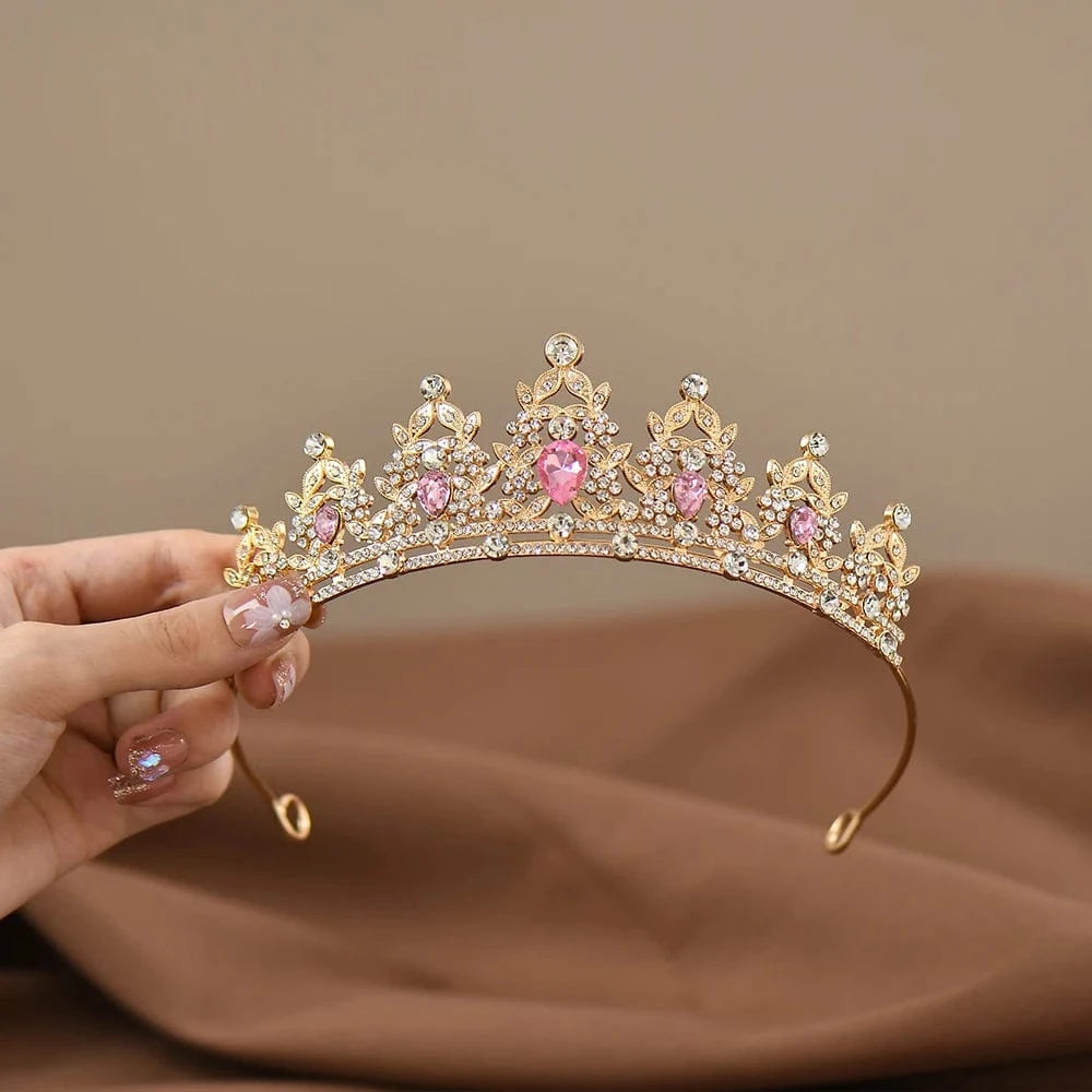 The Carat Cave Gold and Pink Flower Girl Crystal Tiara