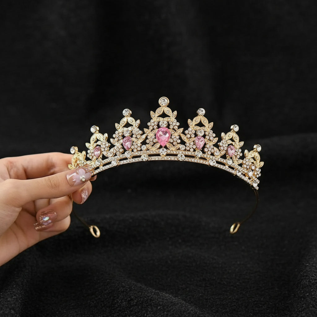 The Carat Cave Gold and Pink Flower Girl Crystal Tiara