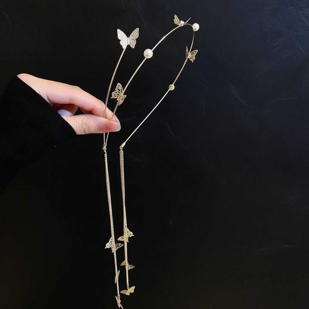 The Carat Cave Gold Crystal Butterfly Hair Tiara – Pearl Accent Headband