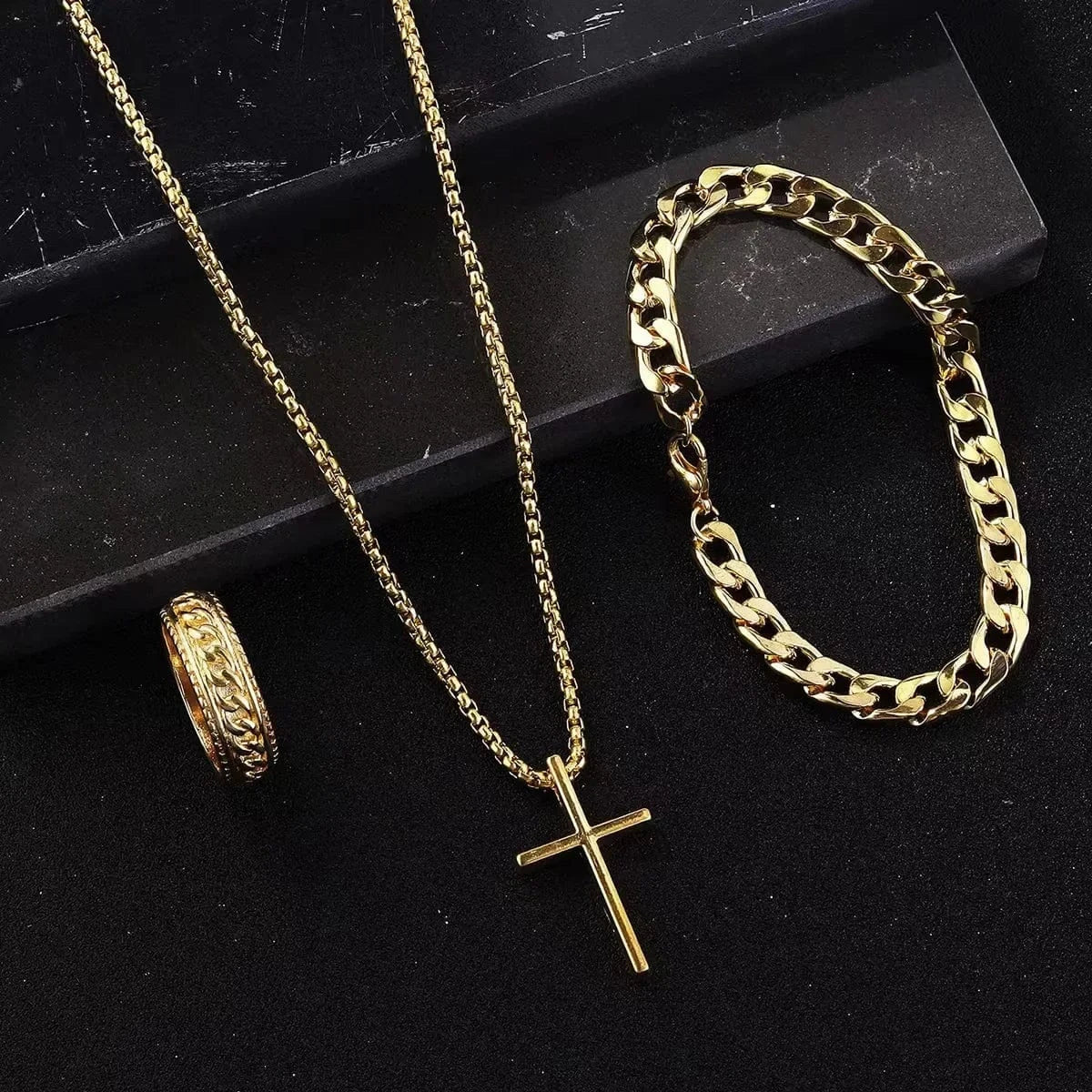 The Carat Cave gold Stainless Steel Cross Necklace Bracelet Rings mens set