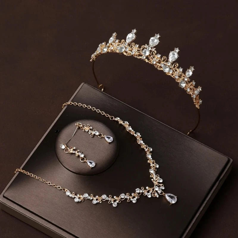 The Carat Cave Golden Dewdrop Set Bridal Tiara & Jewellery Set – 4 Piece