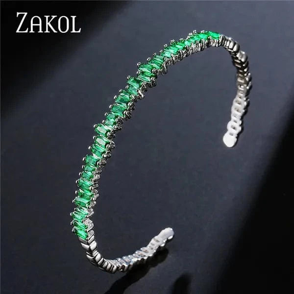 The Carat Cave Green Baguette CZ Open Cuff Bangle – Platinum Plated