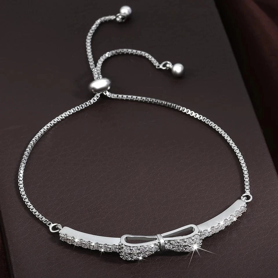 The Carat Cave Silver Minimalist Bow CZ Crystal Adjustable Bracelet