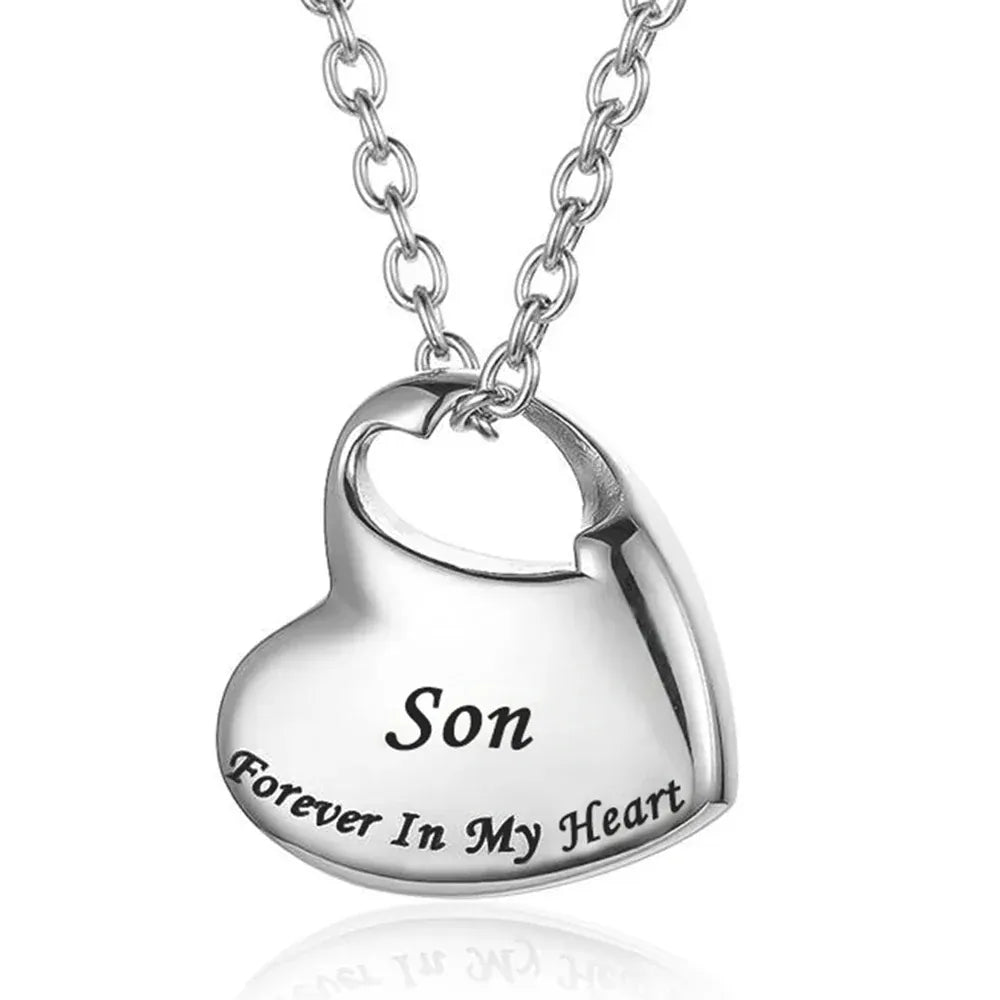 The Carat Cave son Cremation Urn Necklace for Ashes Urn Jewelry,Forever in My Heart Carved Stainless Steel Keepsake Waterproof Memorial Pendant