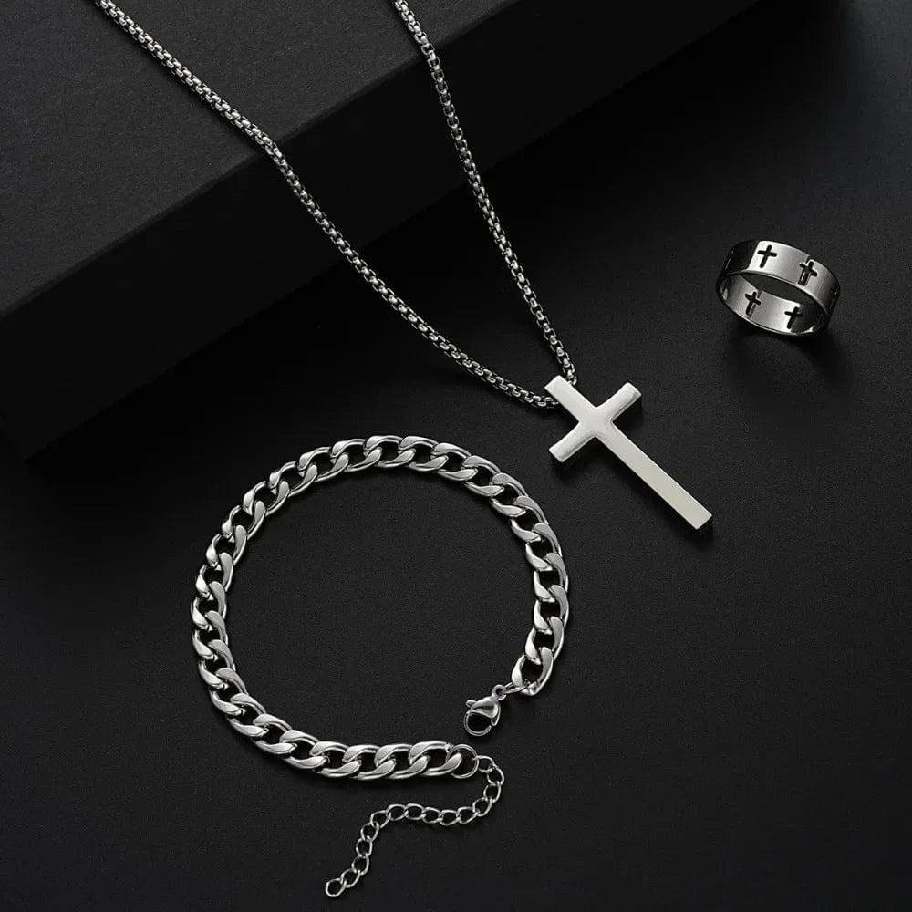 The Carat Cave Stainless Steel Cross Necklace Bracelet Rings mens set