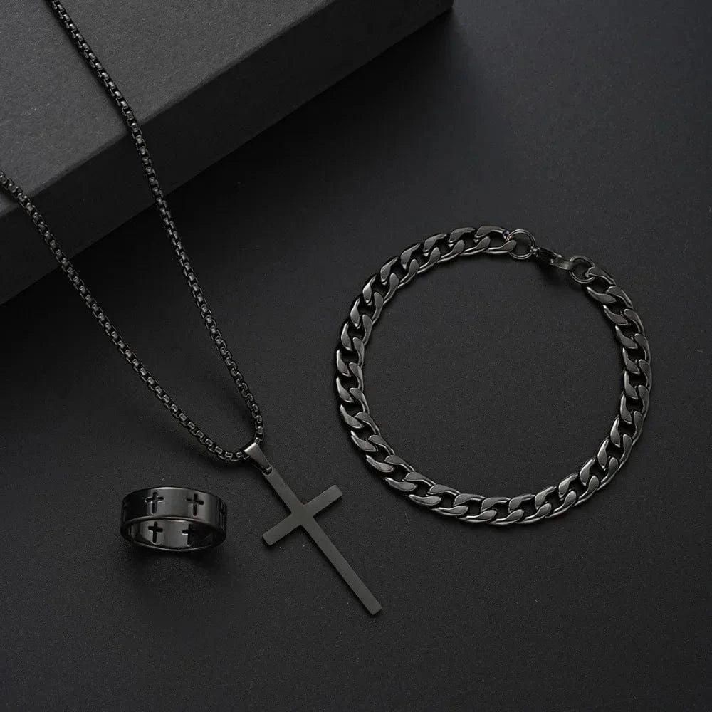 The Carat Cave Stainless Steel Cross Necklace Bracelet Rings mens set