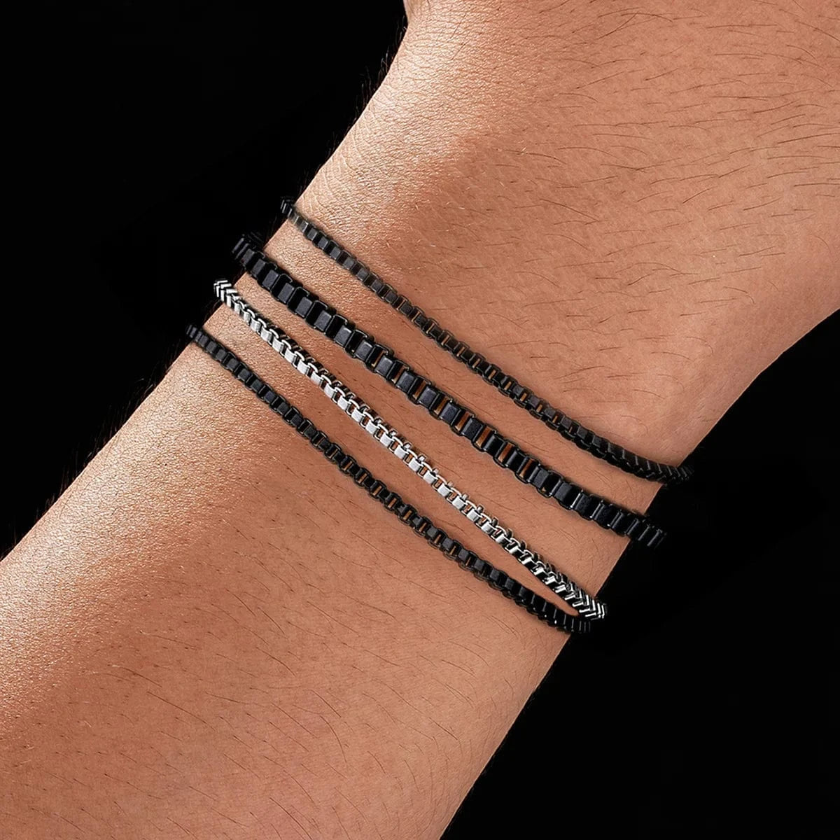 The Carat Cave 4pcs/set Mens Chain Bracelets,Stainless Steel black, silver and gold