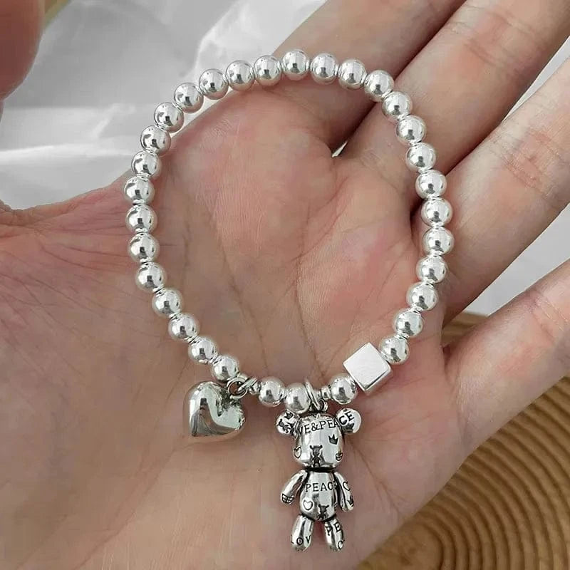 The Carat Cave 925 Silver Beaded Bear Charm Bracelet