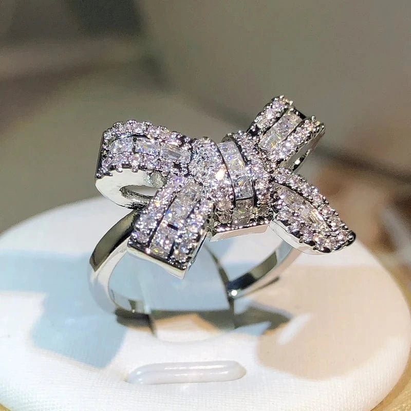 The Carat Cave 925 Silver Bow Knot Zircon Ring