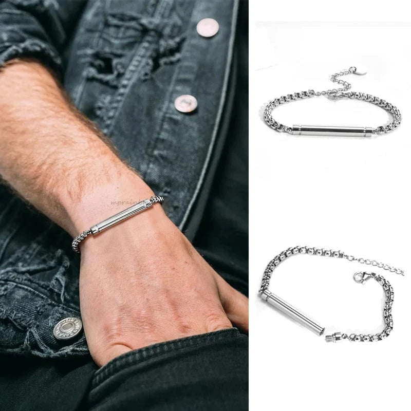 The Carat Cave Ashes Round Urn Bracelets for Men Boys,Stainless Steel Cremation Bar Bracelet Box Chain Bracelet,Cremation Memorial Jewelry