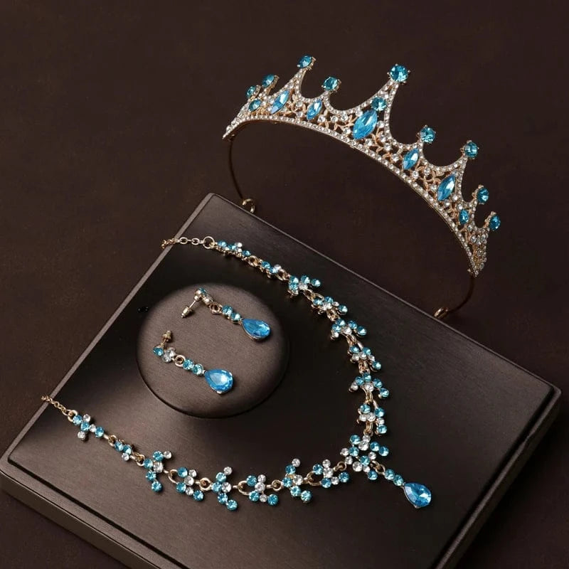 The Carat Cave Blue Blossom Set Bridal Tiara & Jewellery Set – 4 Piece