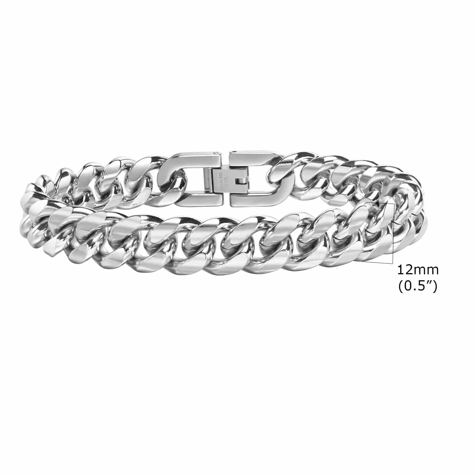 The Carat Cave BR-1704S-12 / 20cm Stainless Steel Bold Cuban Bracelets for Men Women - 6mm/8mm/10mm/12mm