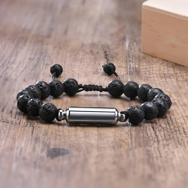 The Carat Cave BR-994S Vnox Men's Casual Lava Stone Beads Urn Bracelets for Ashes, Hollow Tube Cremation Keepsake Memorial Jewelry,Length Adjustable