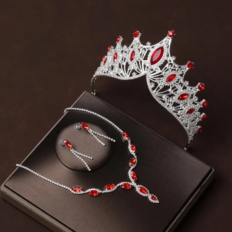 The Carat Cave Crimson Queen Set Bridal Tiara & Jewellery Set – 4 Piece