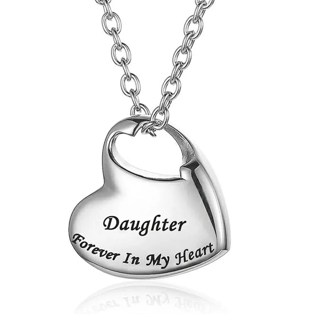The Carat Cave daughter Cremation Urn Necklace for Ashes Urn Jewelry,Forever in My Heart Carved Stainless Steel Keepsake Waterproof Memorial Pendant