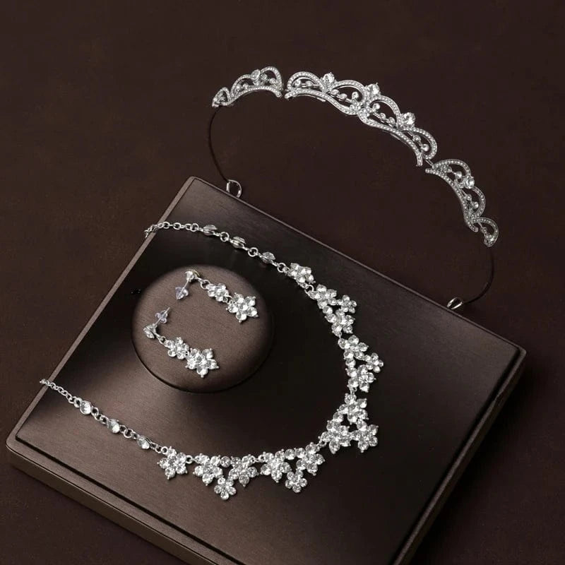 The Carat Cave Floral Frost Set Bridal Tiara & Jewellery Set – 4 Piece