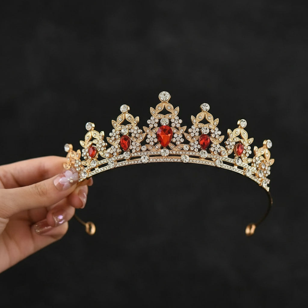 The Carat Cave Gold Rose Red Flower Girl Crystal Tiara