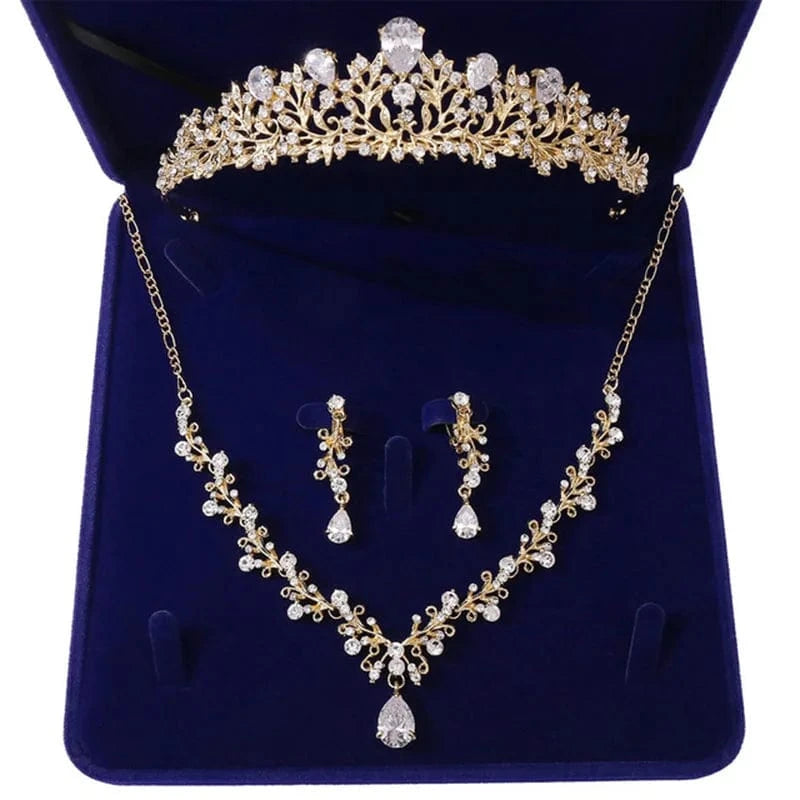 The Carat Cave Golden Radiance Set Bridal Tiara & Jewellery Set – 4 Piece