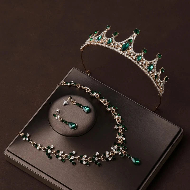 The Carat Cave Royal Emerald Set Bridal Tiara & Jewellery Set – 4 Piece