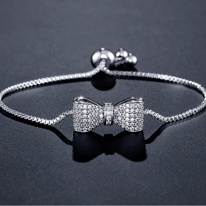 The Carat Cave Silver Bow CZ Crystal Adjustable Bracelet