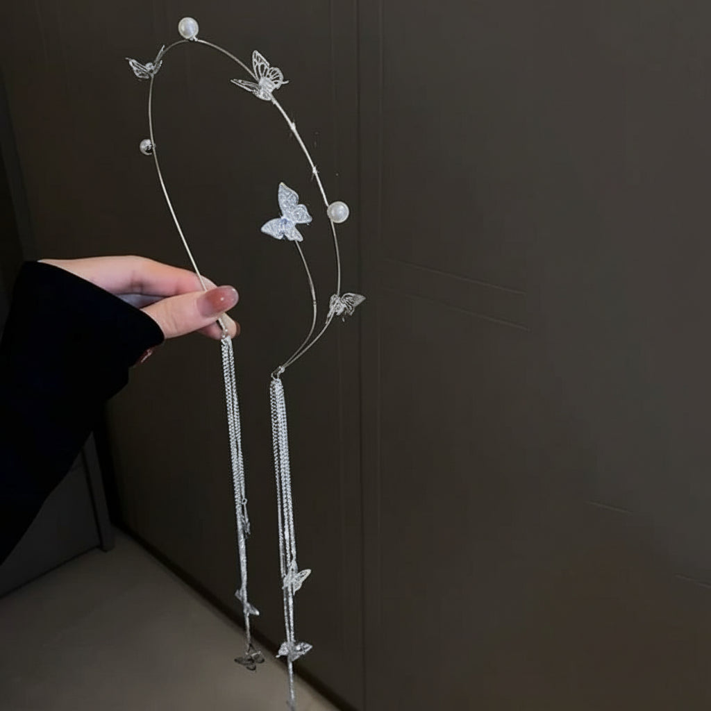 The Carat Cave Silver Crystal Butterfly Hair Tiara – Pearl Accent Headband