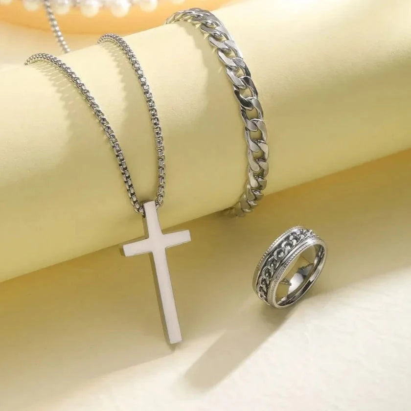The Carat Cave Stainless Steel Cross Necklace Bracelet Rings mens set