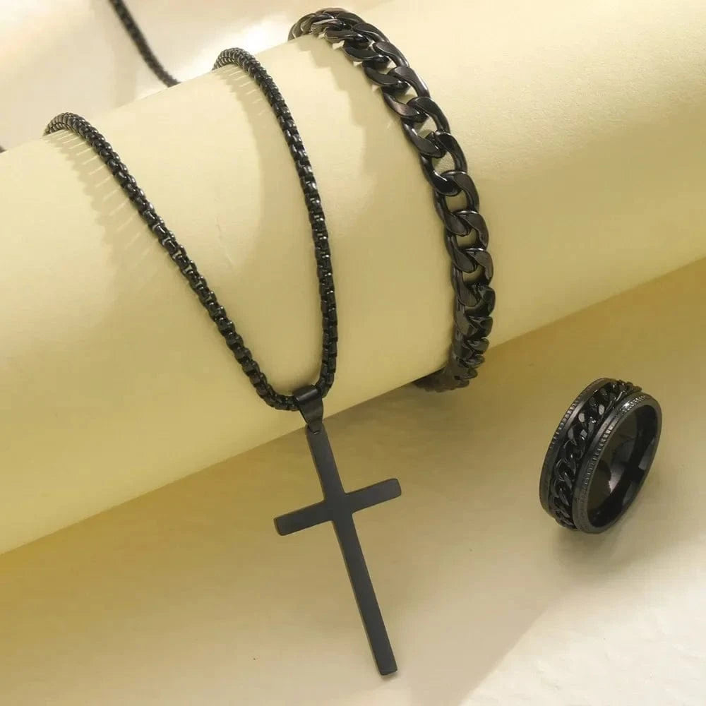 The Carat Cave Stainless Steel Cross Necklace Bracelet Rings mens set